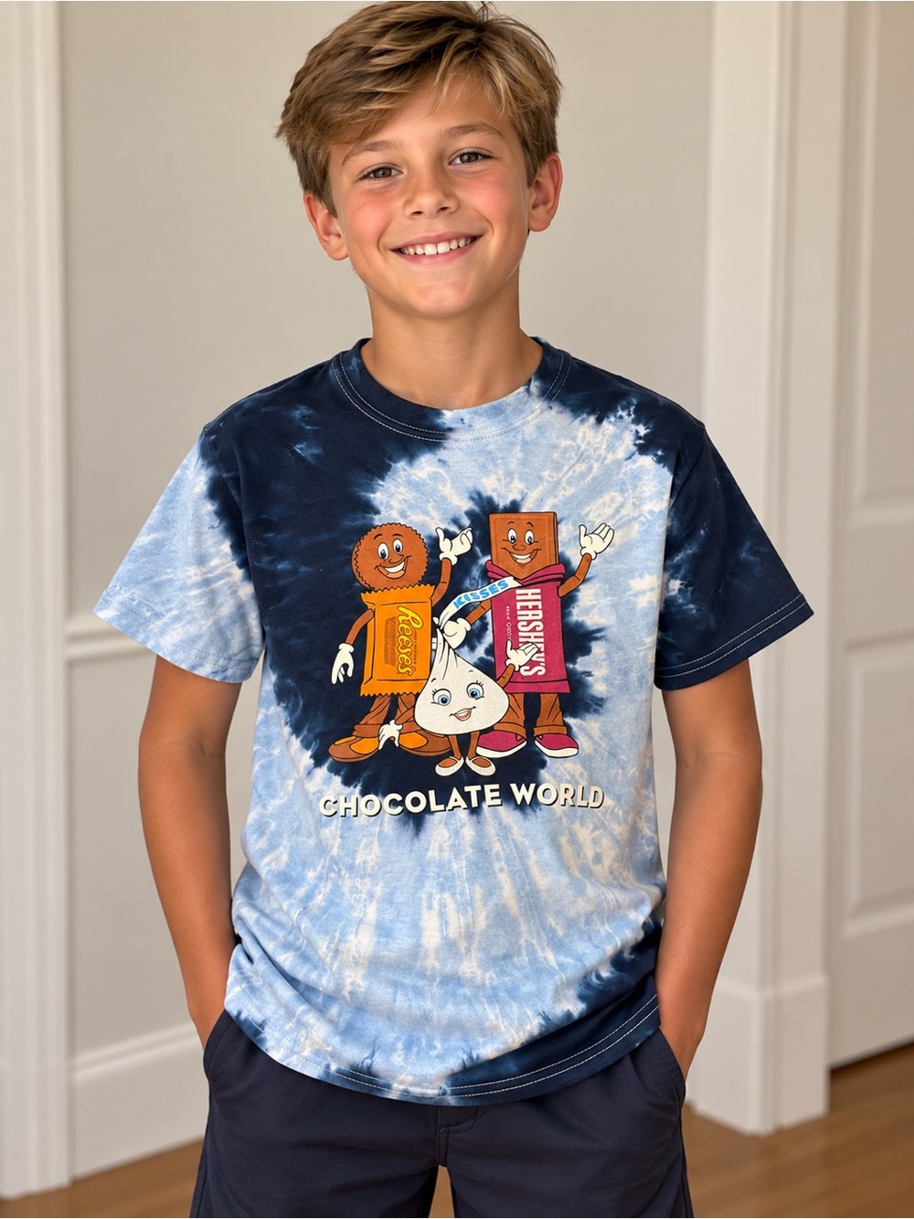 Gildan Kids Tie-Dye Hershey Chocolate World Tee - Navy & Light Blue; size medium